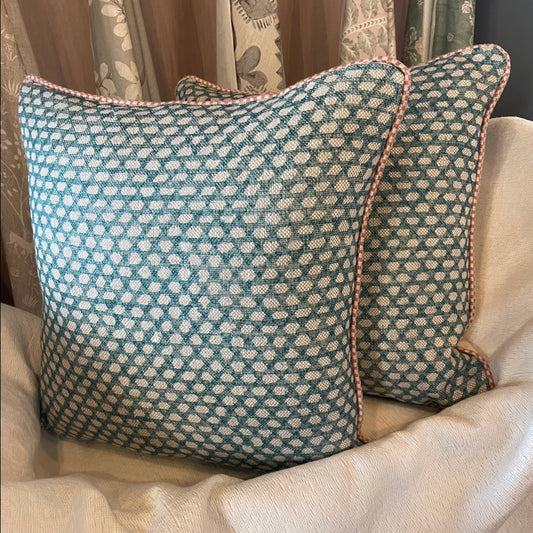 Fermoie Blue and Cream Cushion with Pink Trimming