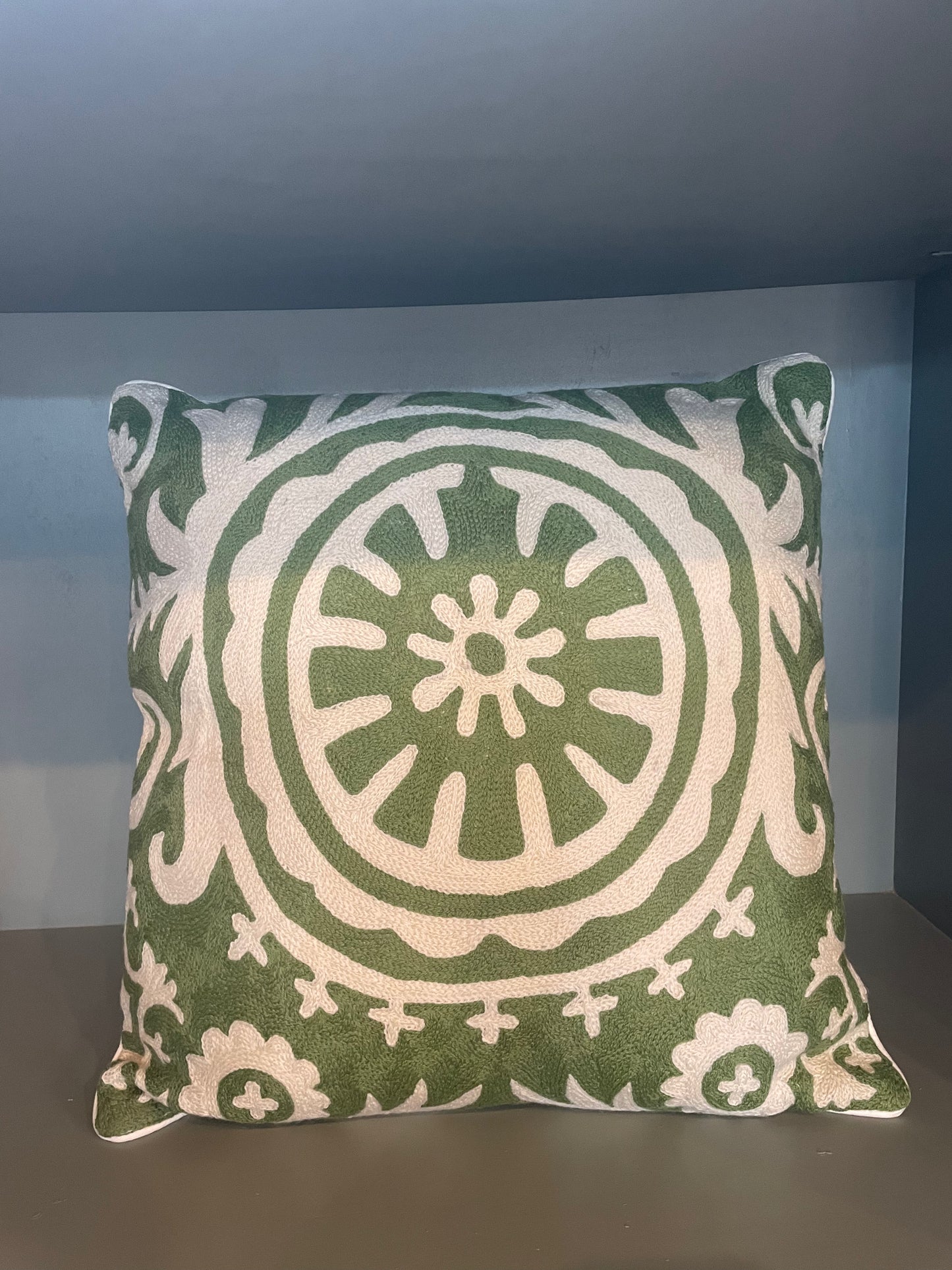 Green and Cream Crewel Cushion
