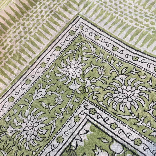 Green and White Block Print Pattern Tablecloth