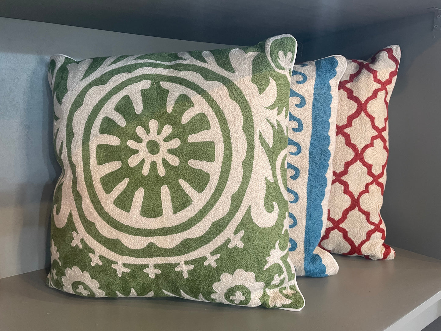 Green and Cream Crewel Cushion
