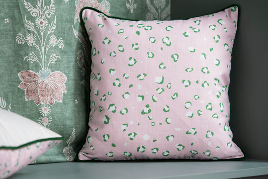 Leopard Print Pink Cushion with Green Velvet Piping