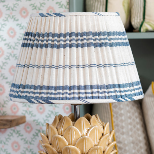 White and Blue Stripe Organic Cotton Gathered Lampshade