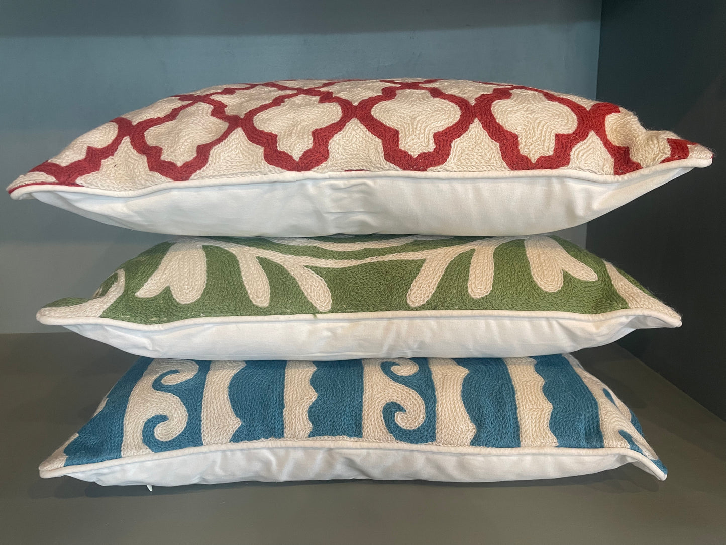 Green and Cream Crewel Cushion