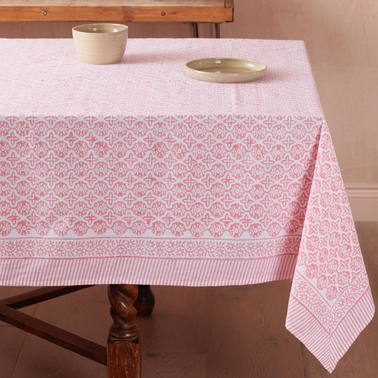 Pink and White Block Print Tablecloth