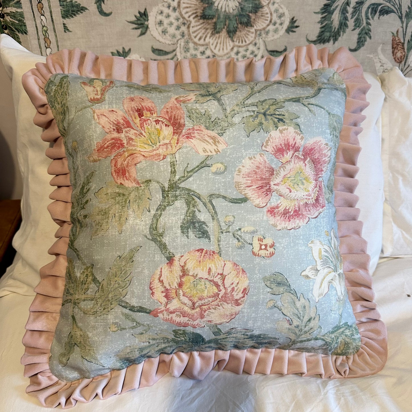 Colefax and Fowler Tapestry Garden Old Blue Ruffle Cushion