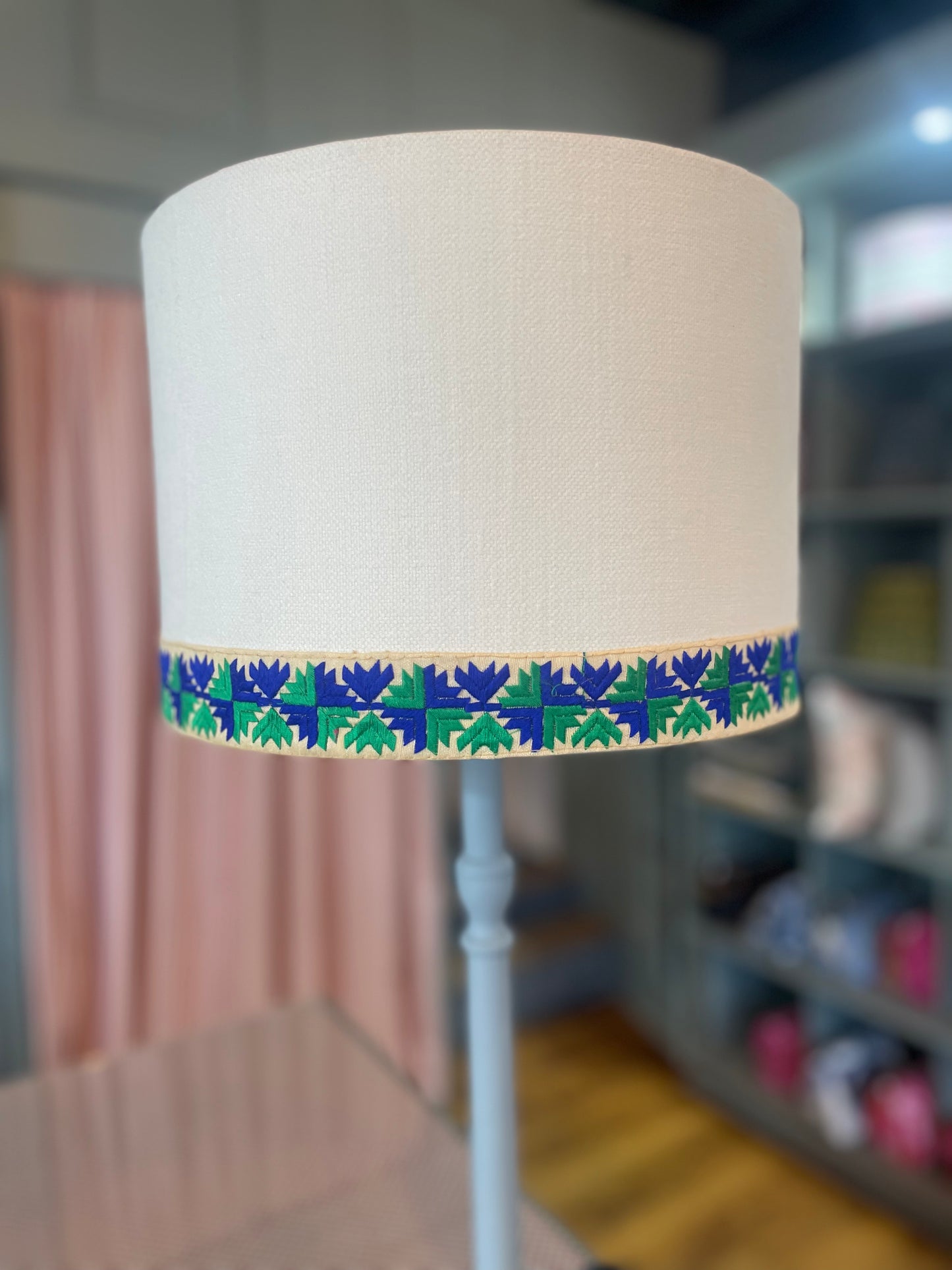 Cream Drum Lampshade with Blue and Green Trim 12"