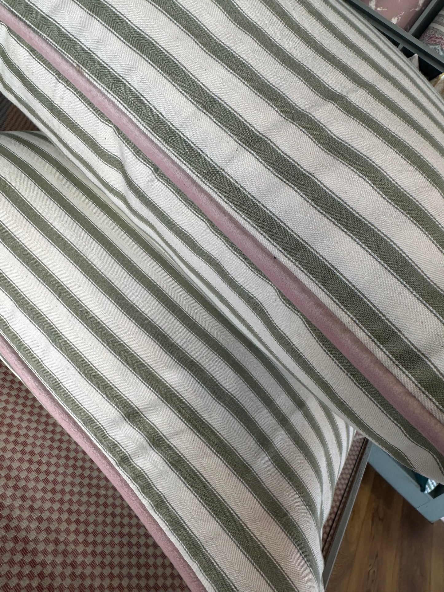 Sage Ticking Stripe With Pink Piping