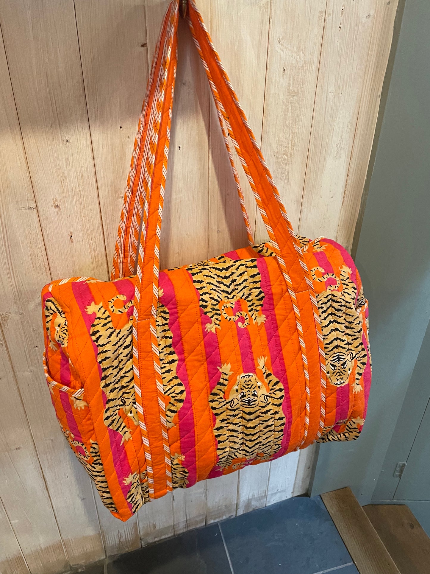 Pink and Orange Tiger Printed Weekend Bag with zip