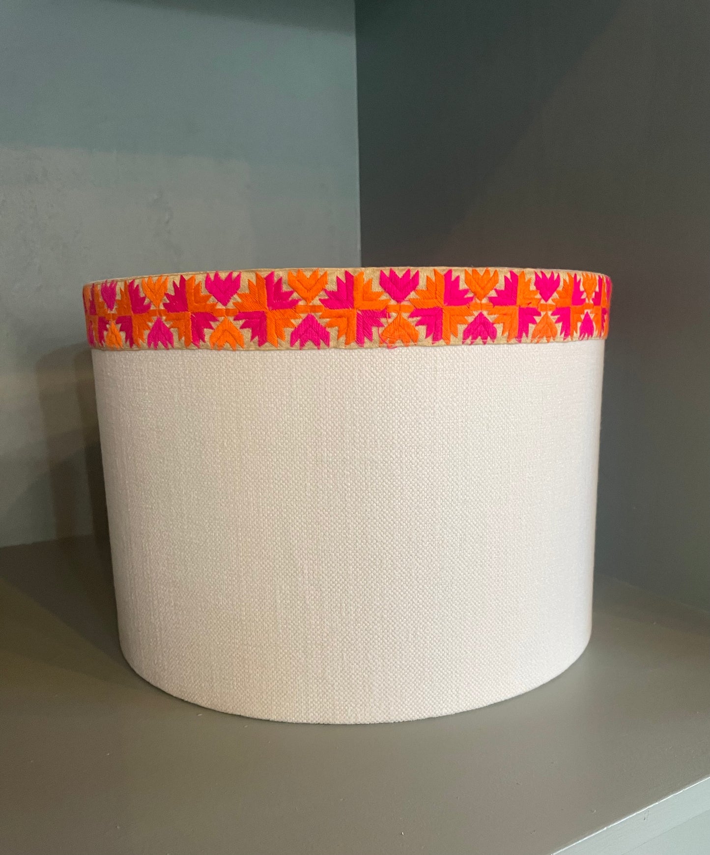 Cream Drum Lampshade with Pink and Orange Trim 12"