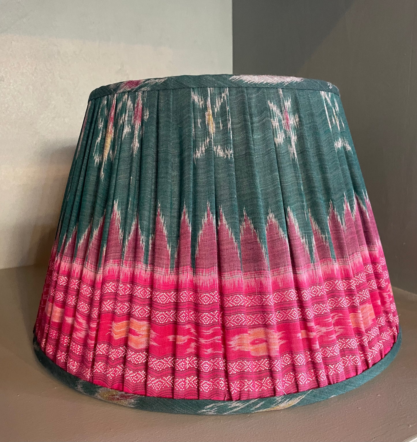 Green and Pink Aztec Style Gathered Lampshade 14"