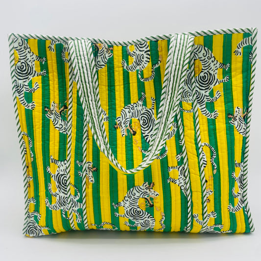 Yellow and Green Striped Animal Printed Bag