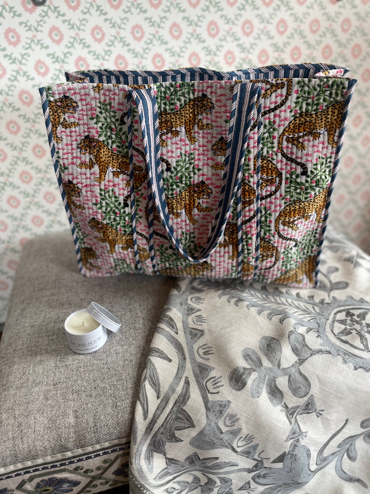 Velvet Light Pink and Navy Blue Jungle Bag