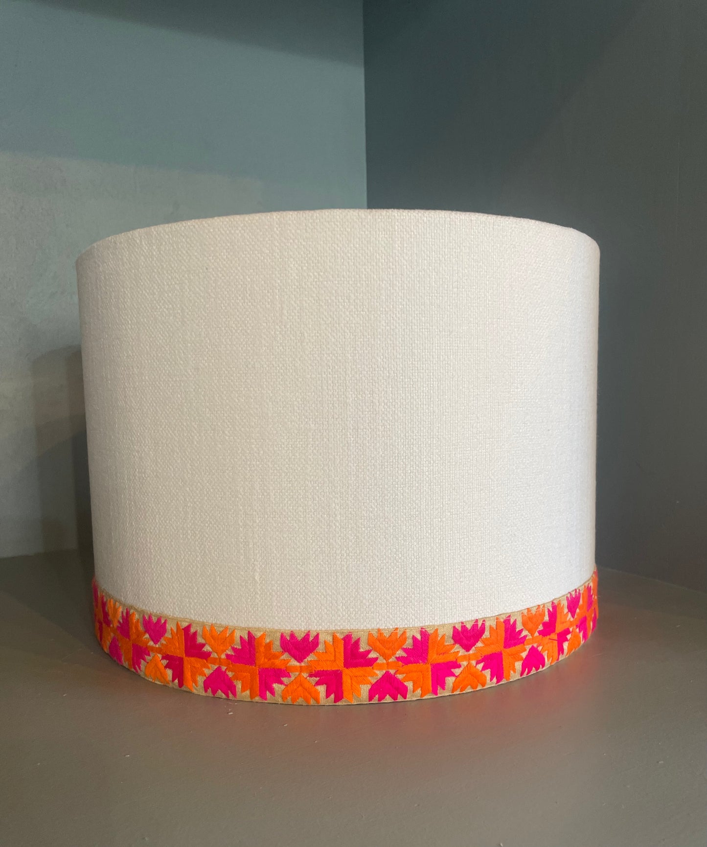 Cream Drum Lampshade with Pink and Orange Trim 12"