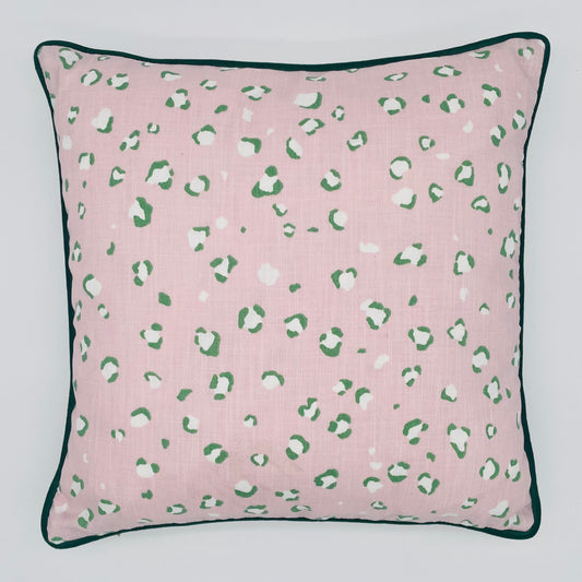 Leopard Print Pink Cushion with Green Velvet Piping