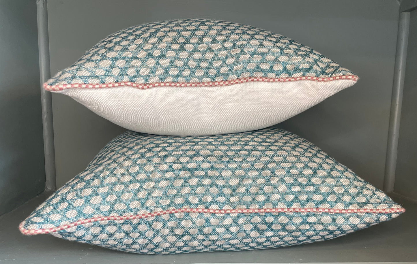 Large Fermoie Blue Cushion with Pink Trimming