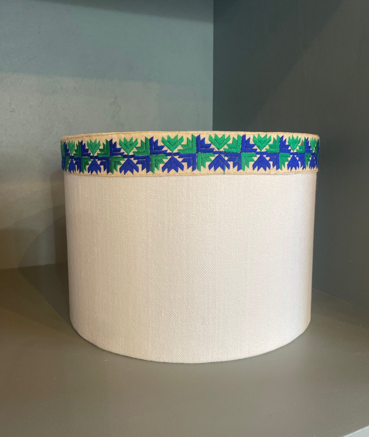 Cream Drum Lampshade with Blue and Green Trim 12"