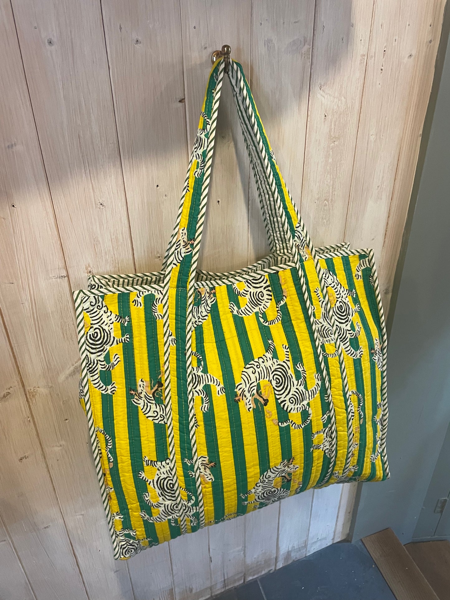 Yellow and Green Striped Animal Printed Bag