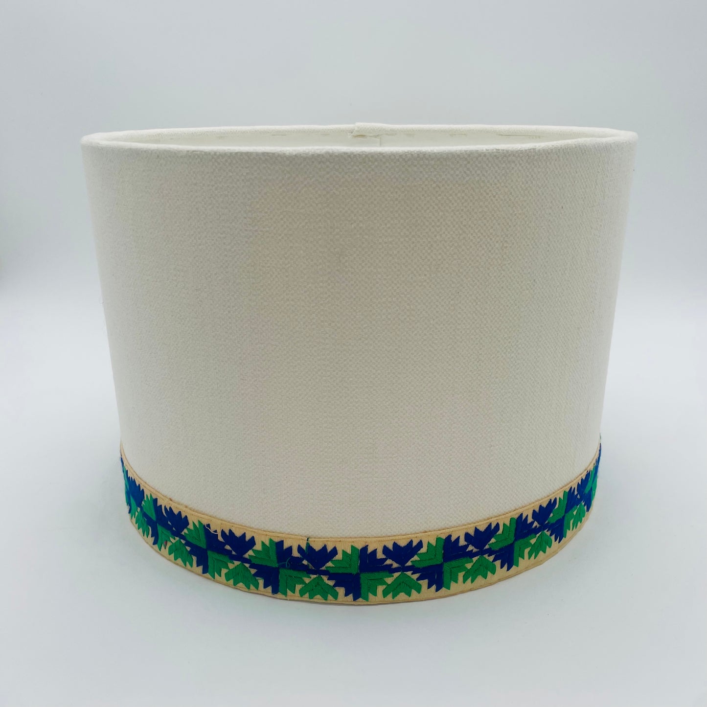 Cream Drum Lampshade with Blue and Green Trim 12"