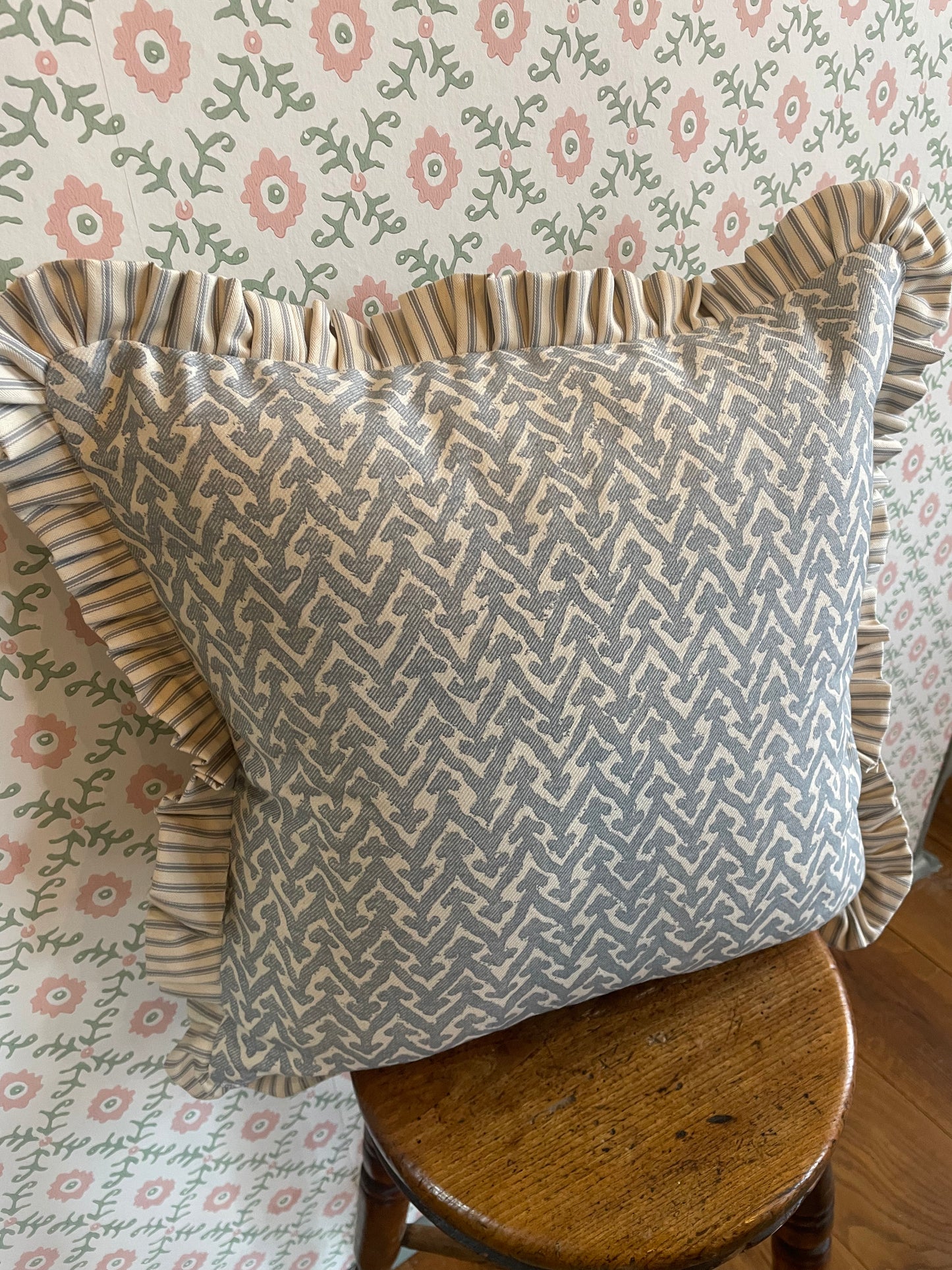 Blue Fermoie Velvet Printed Ruffle Cushion