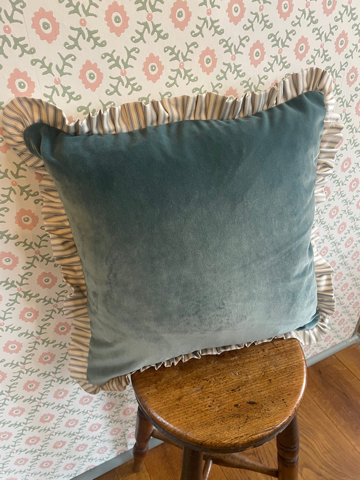 Blue Fermoie Velvet Printed Ruffle Cushion