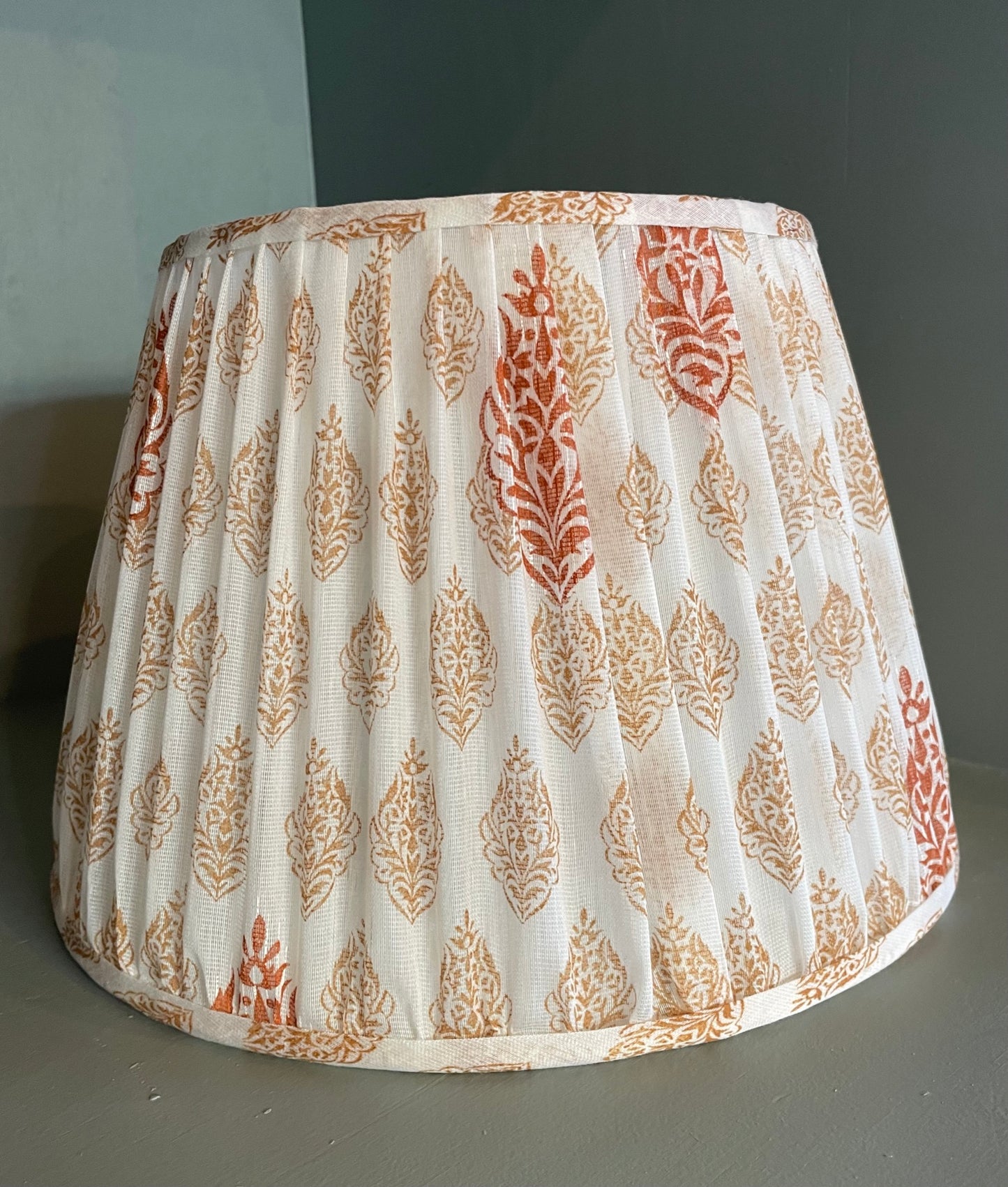 Gold and White Print Gathered Lampshade 12"