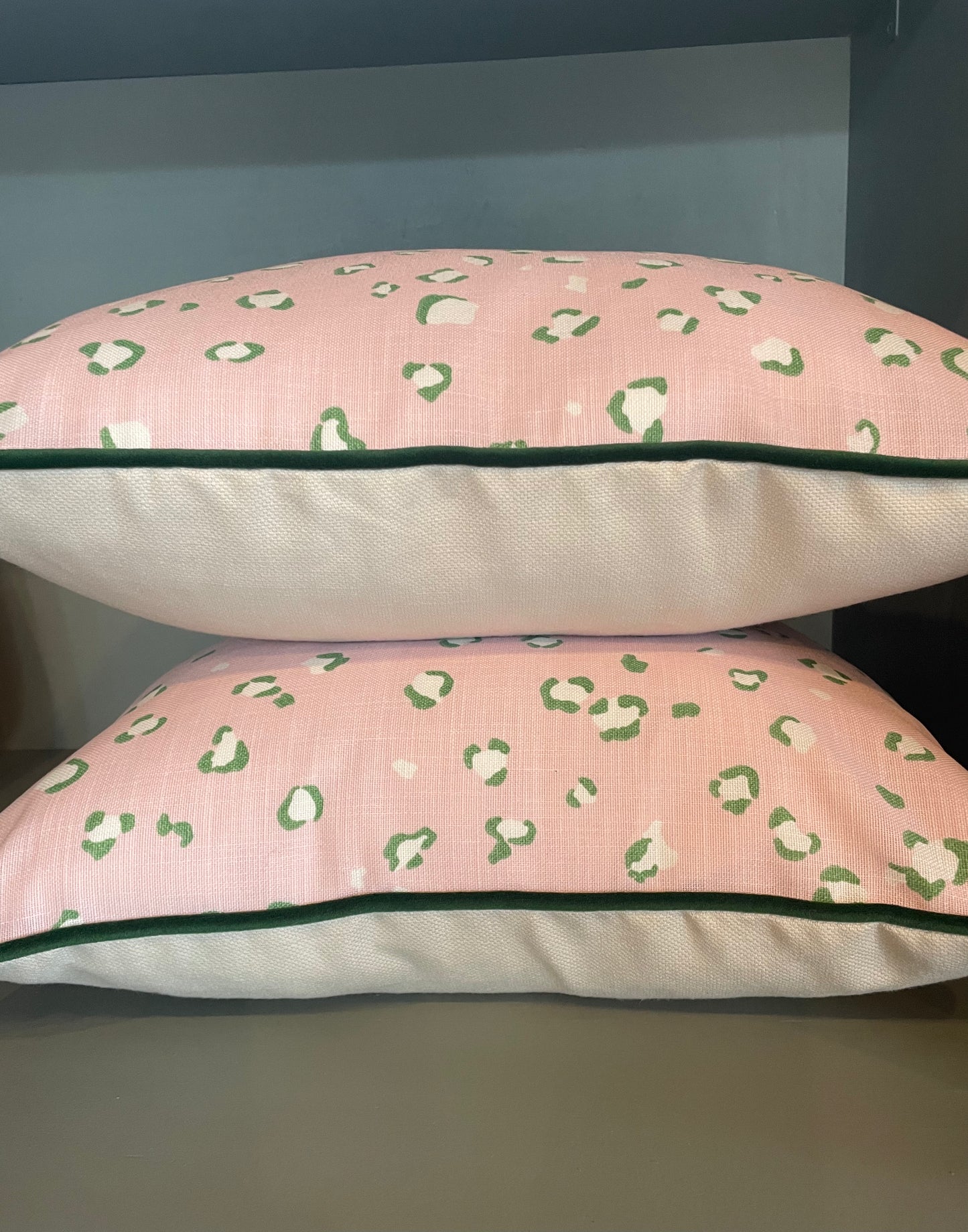 Leopard Print Pink Cushion with Green Velvet Piping