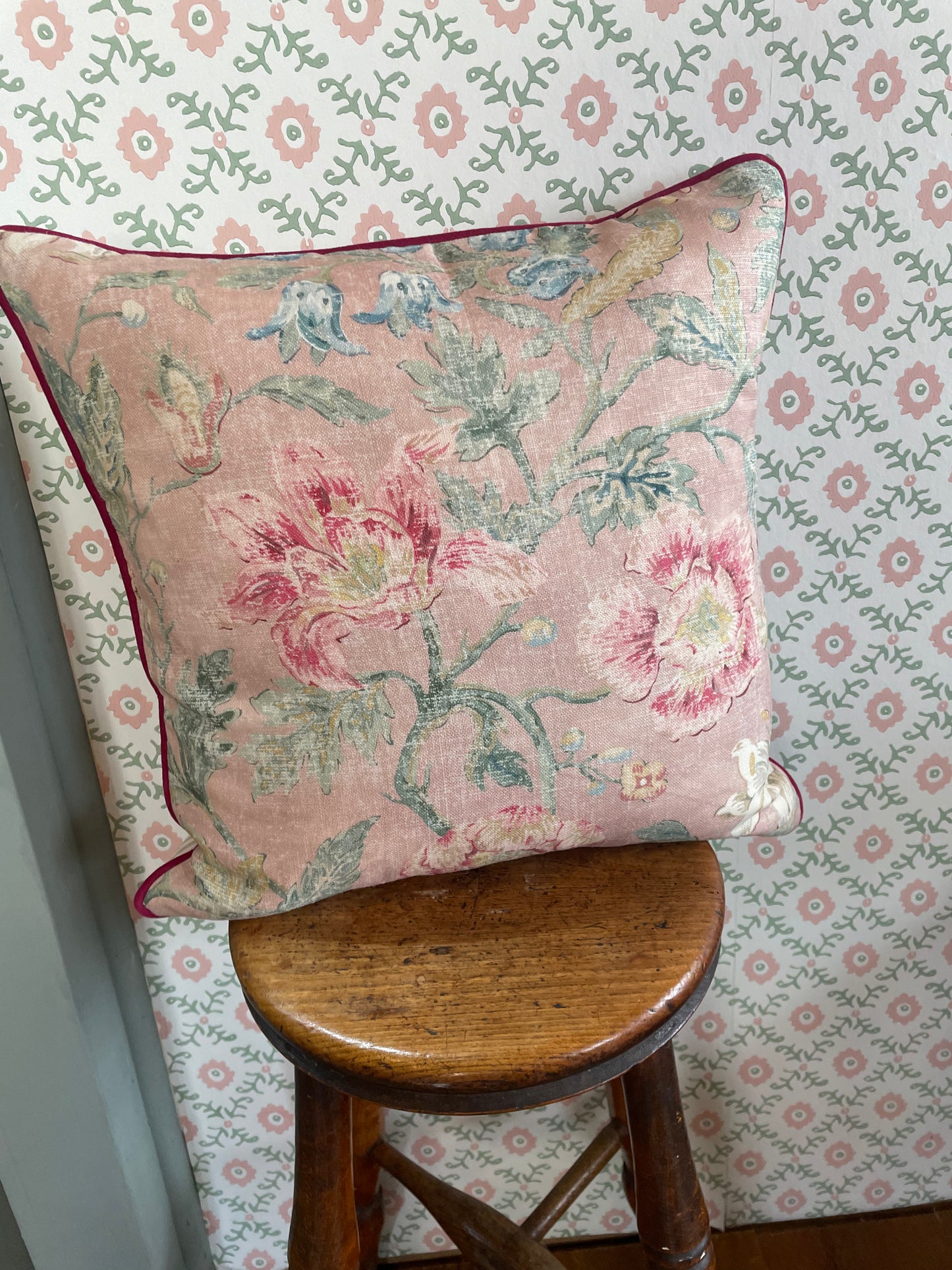 Colefax and Fowler Pink Floral Velvet Piped Cushion