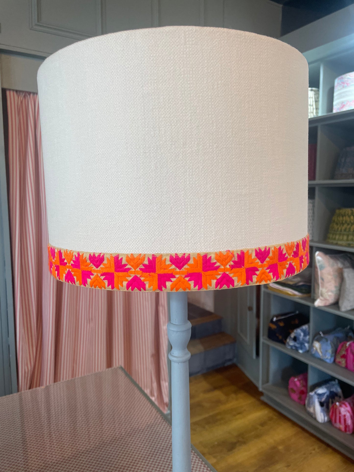 Cream Drum Lampshade with Pink and Orange Trim 12"