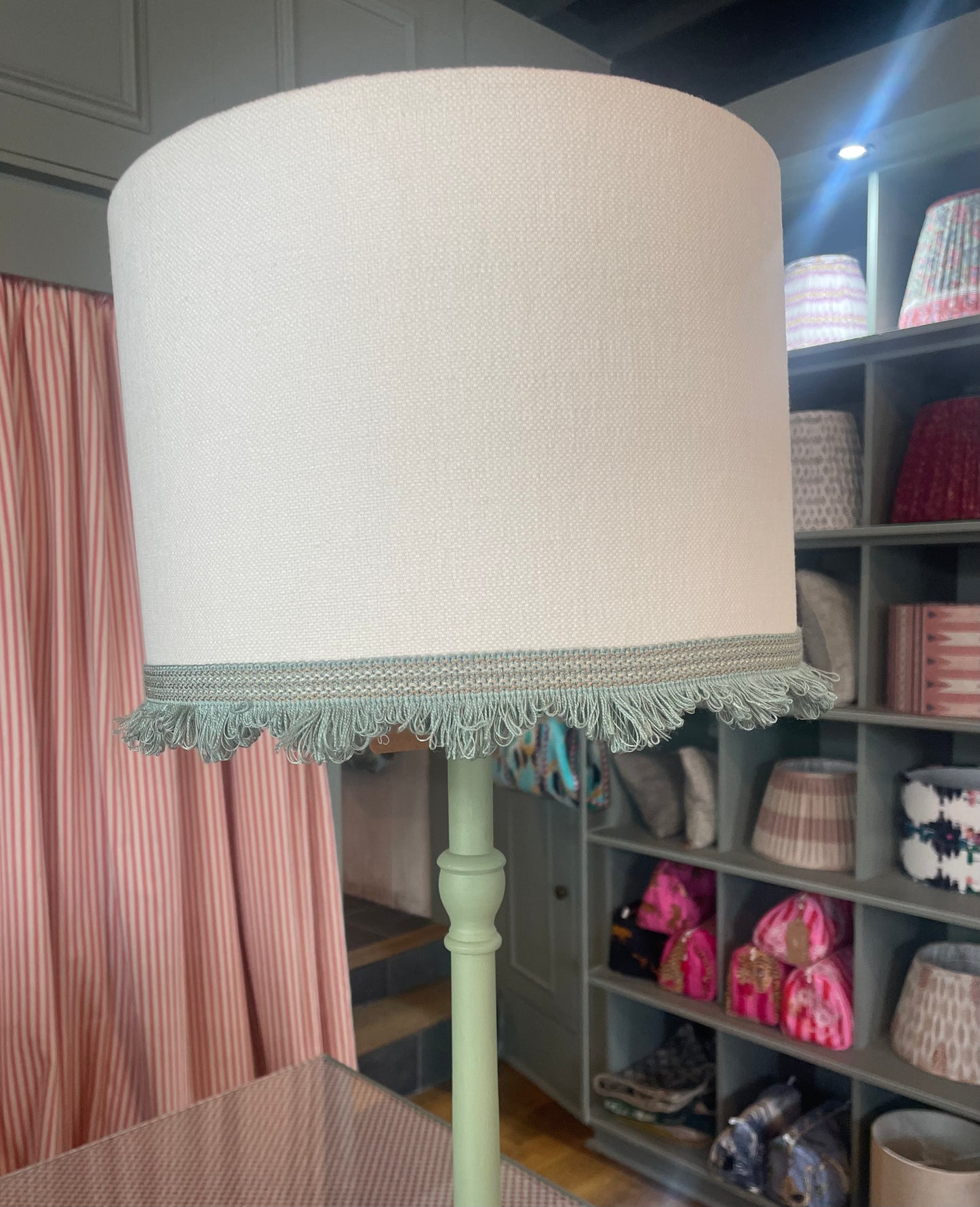 Drum Lampshade with Green Trimming 12"