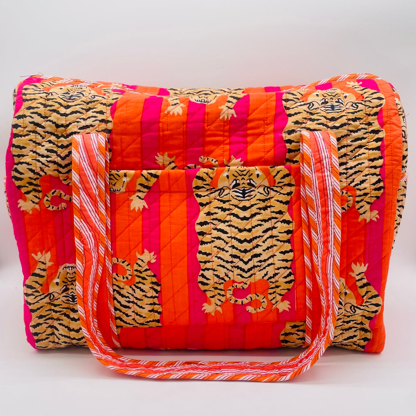 Pink and Orange Tiger Printed Weekend Bag with zip