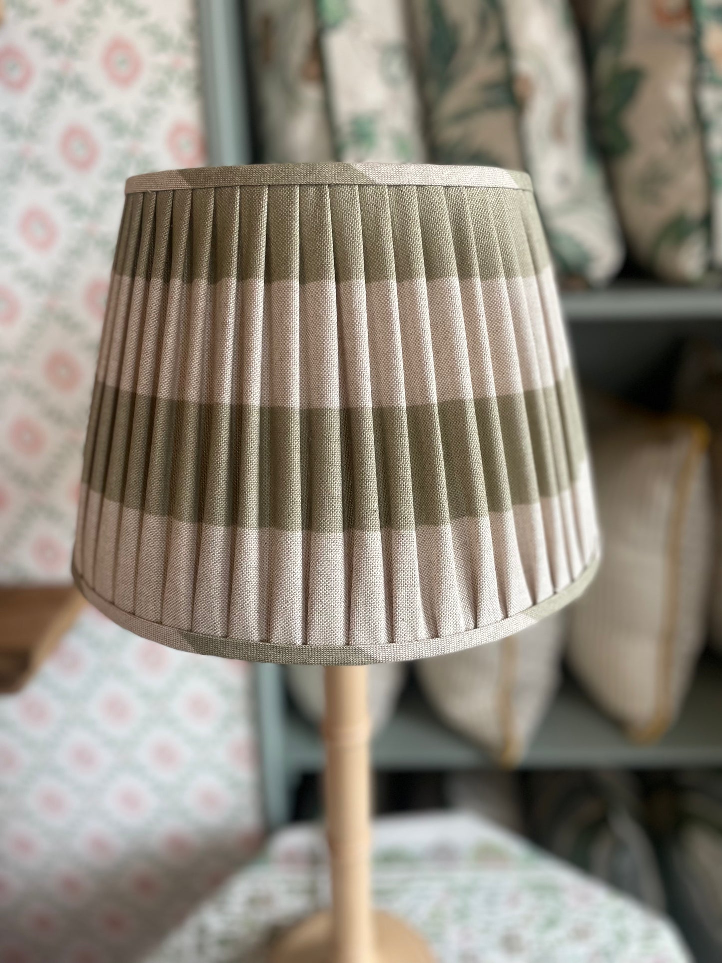 Muted Green Striped Gathered Lampshade