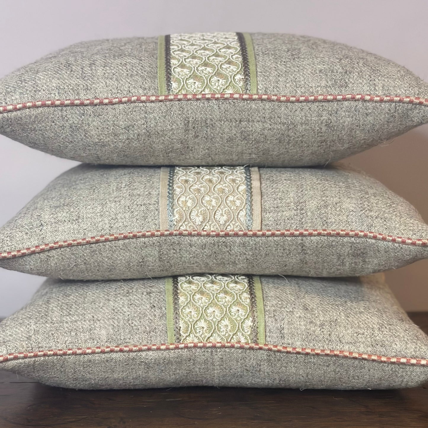 Green Braid Herdwick Tweed Cushion with Pink Trim