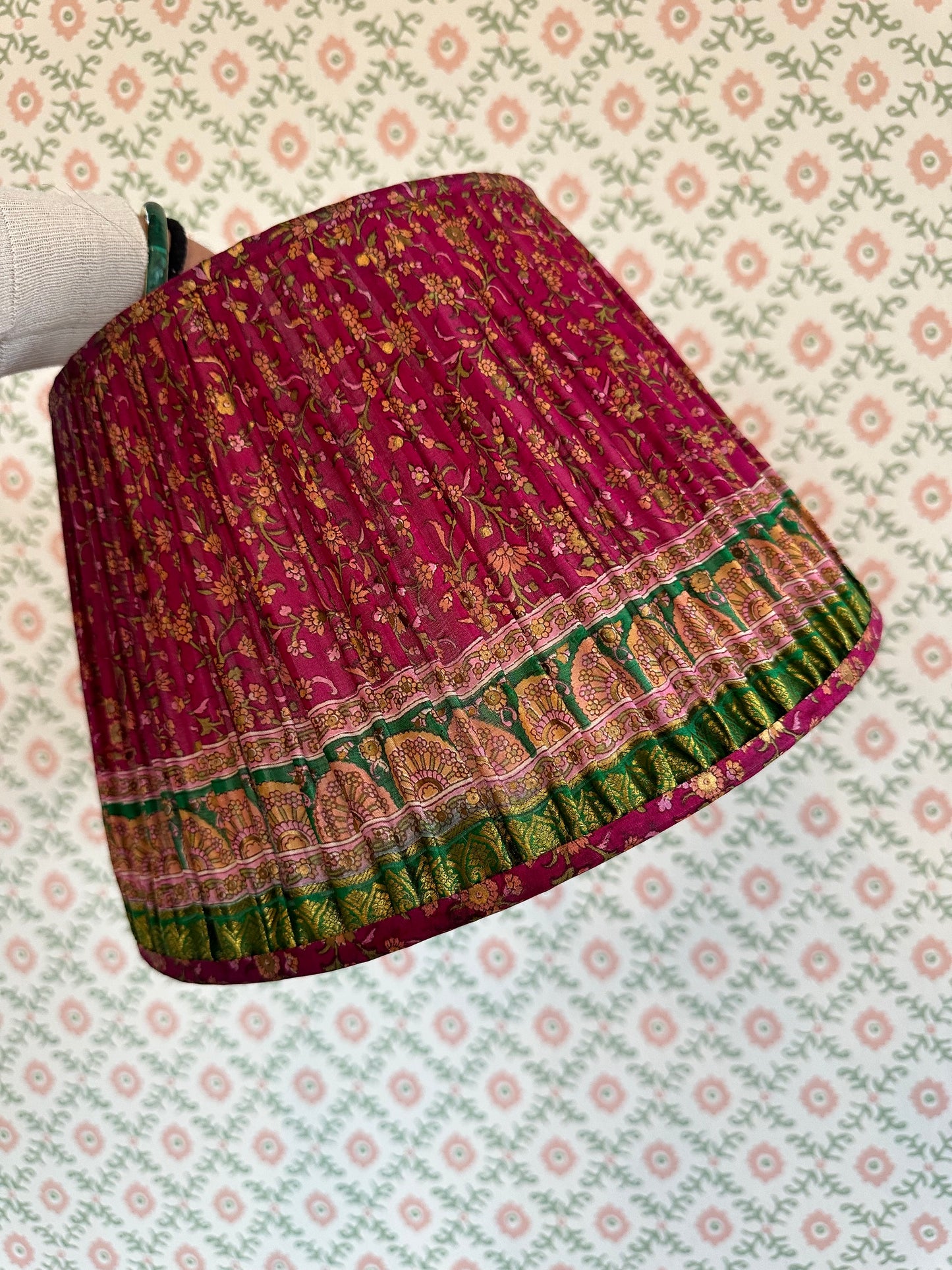 Green and Pink Vintage Sari Gathered Lampshade 14"