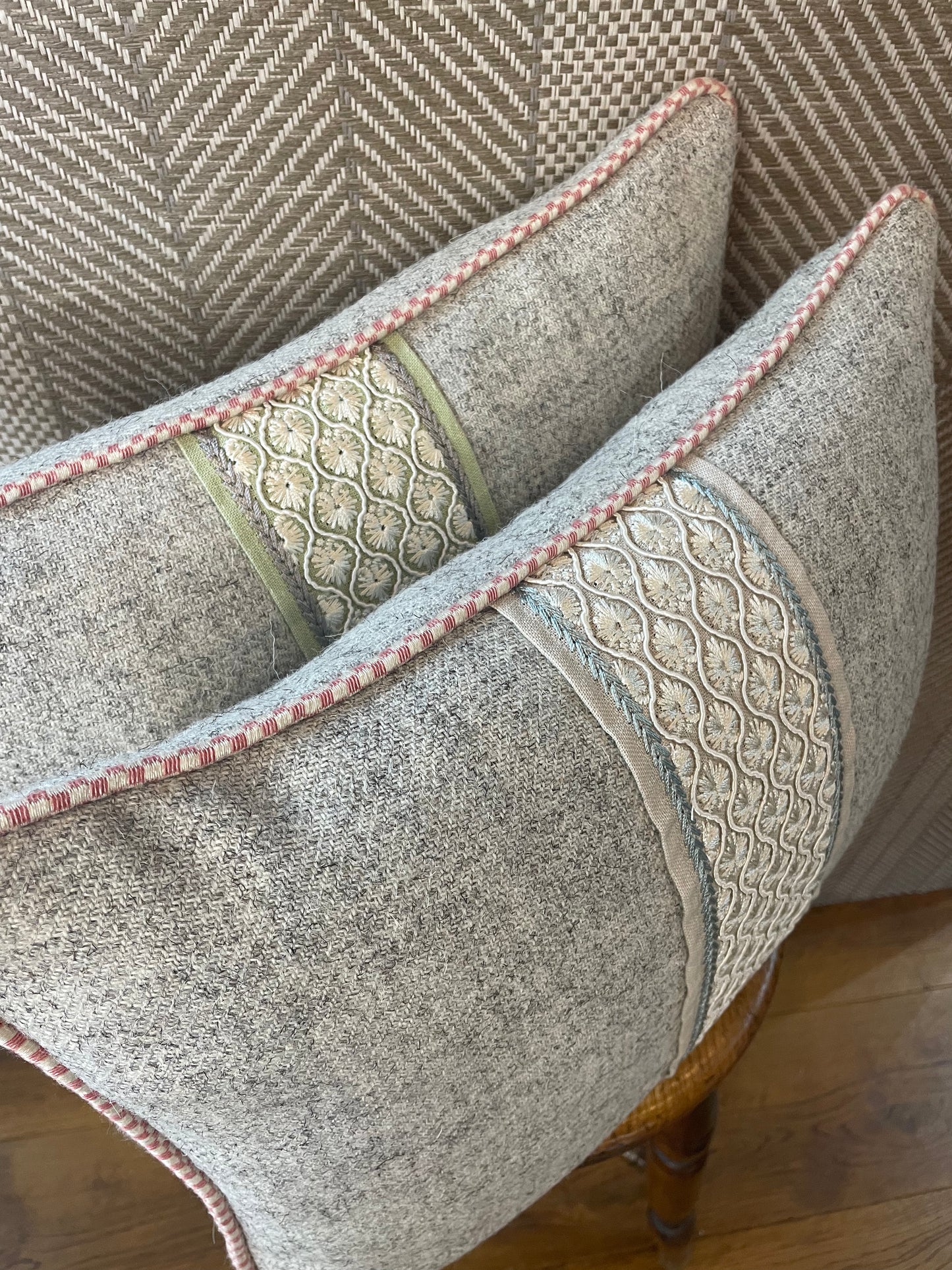 Light Blue Braid Herdwick Tweed Cushion with Pink Trim