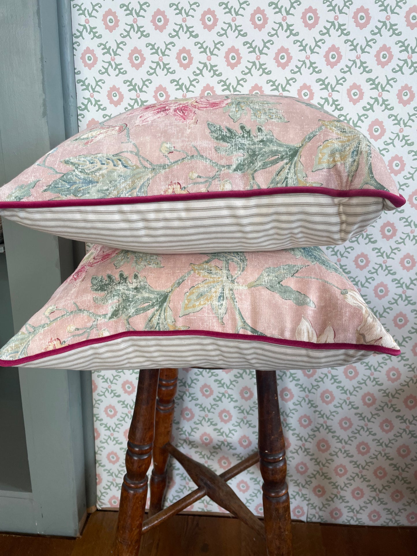 Colefax and Fowler Pink Floral Velvet Piped Cushion