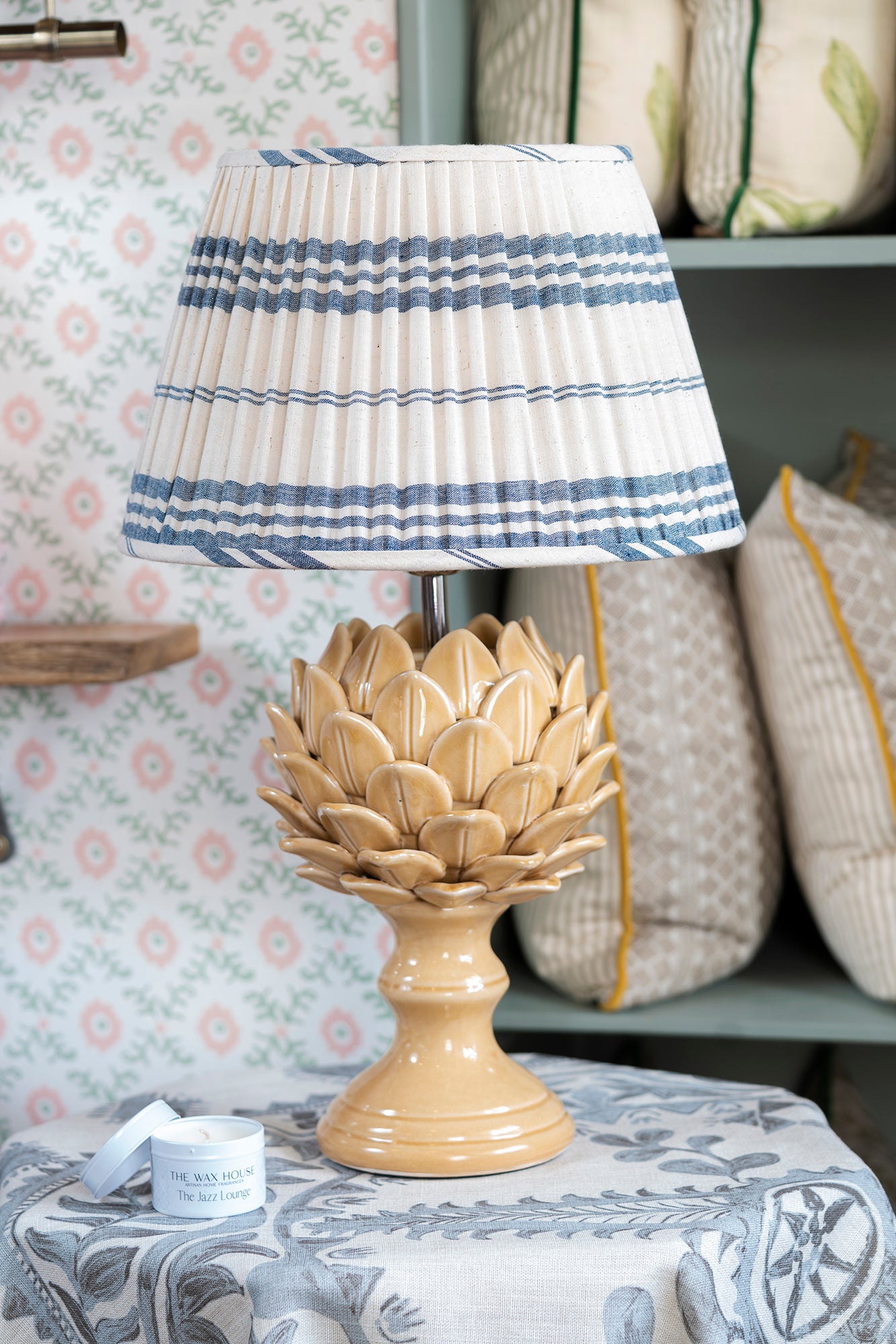 White and Blue Stripe Organic Cotton Gathered Lampshade