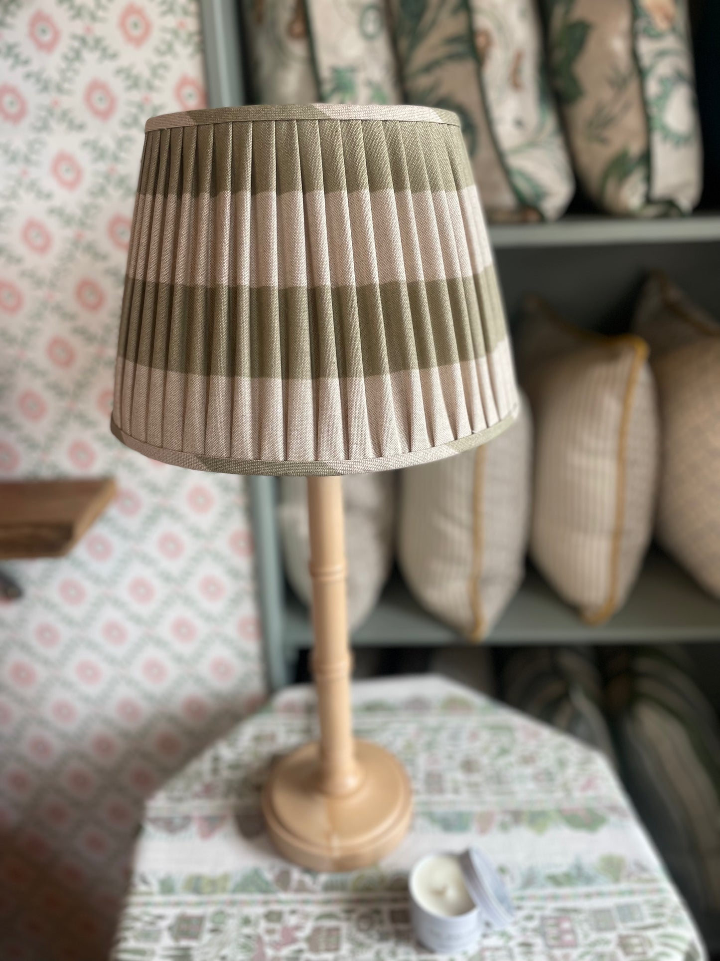 Muted Green Striped Gathered Lampshade