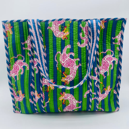 Blue and Green Stripe Animal Printed Bag