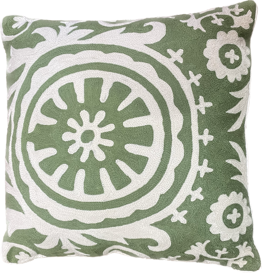 Green and Cream Crewel Cushion