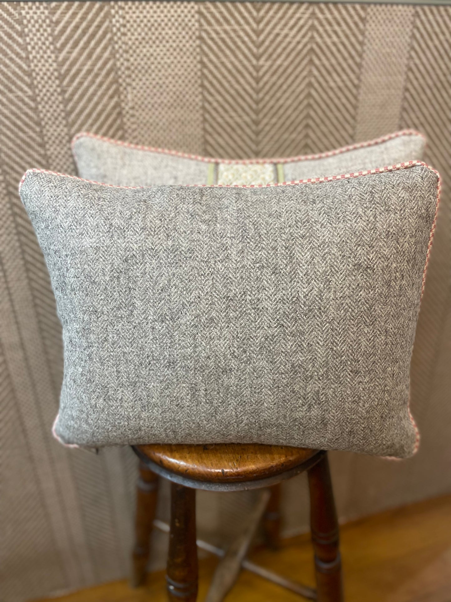 Charlotte Chaplin Herdwick Tweed Cushion with Pink and White Trim