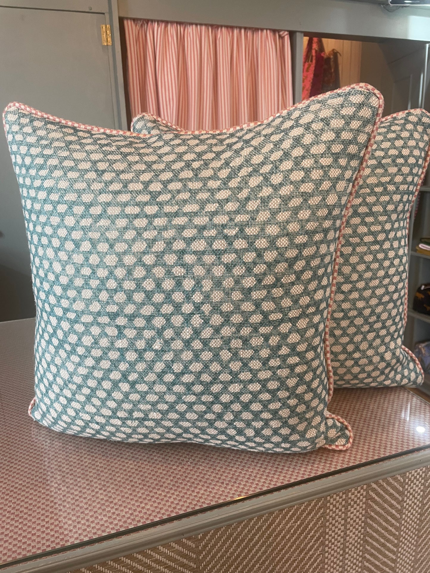 Fermoie Blue and Cream Cushion with Pink Trimming