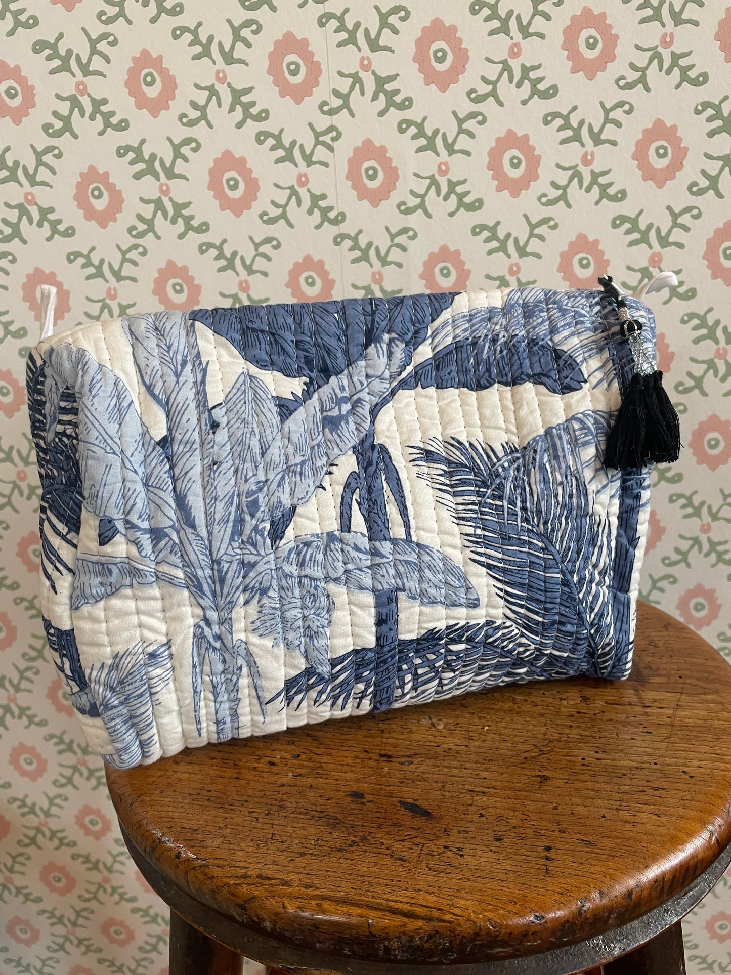 Blue and White Leaf Printed Wash Bag