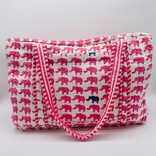 Pink Elephant Print Weekend Bag with zip