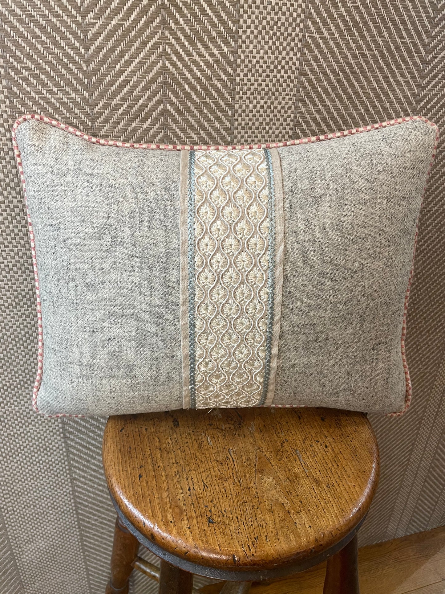 Light Blue Braid Herdwick Tweed Cushion with Pink Trim