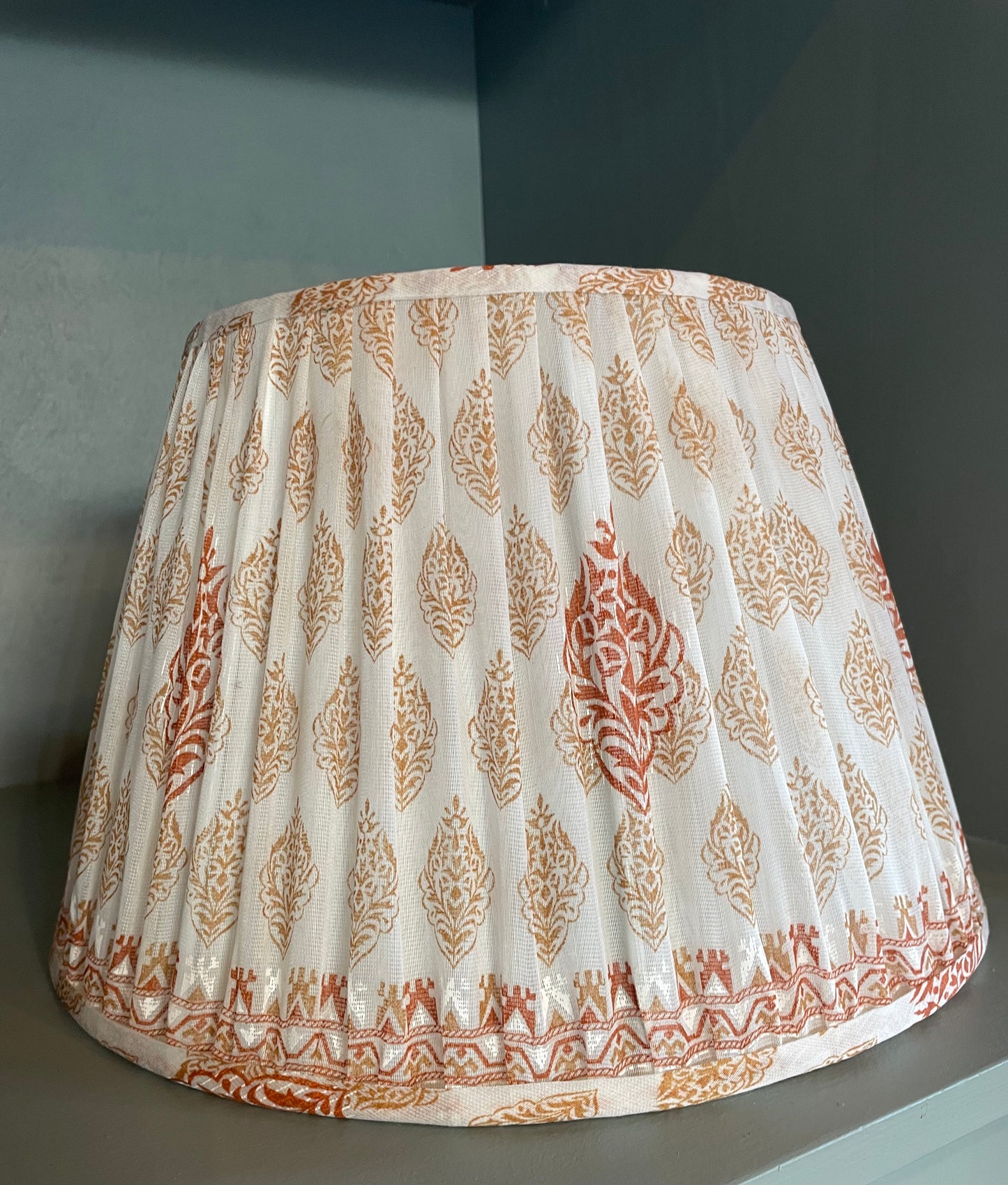 Gold and White Print Gathered Lampshade 14"