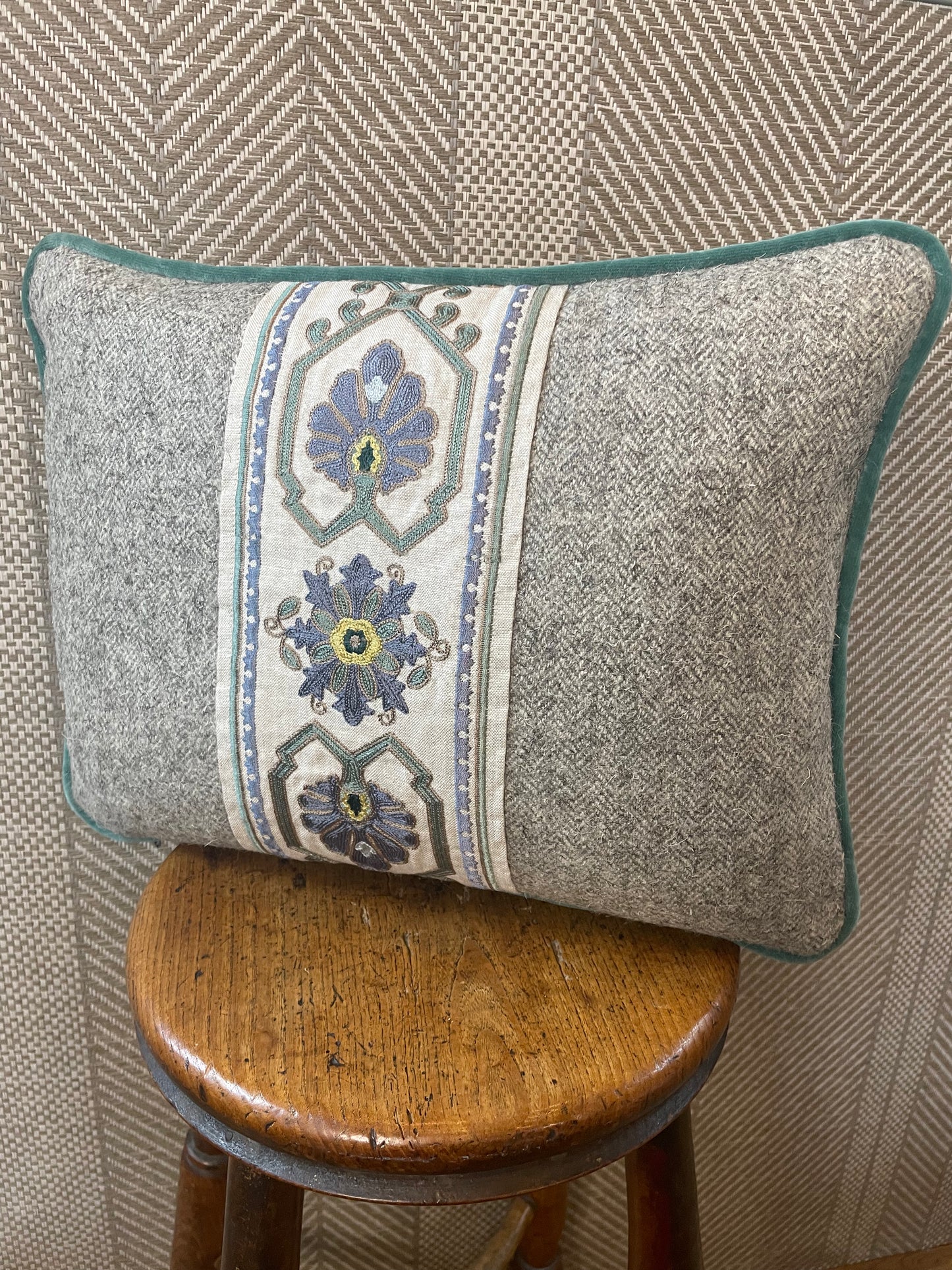 Charlotte Chaplin Herdwick Tweed Cushion with Blue Braid and Velvet Trim