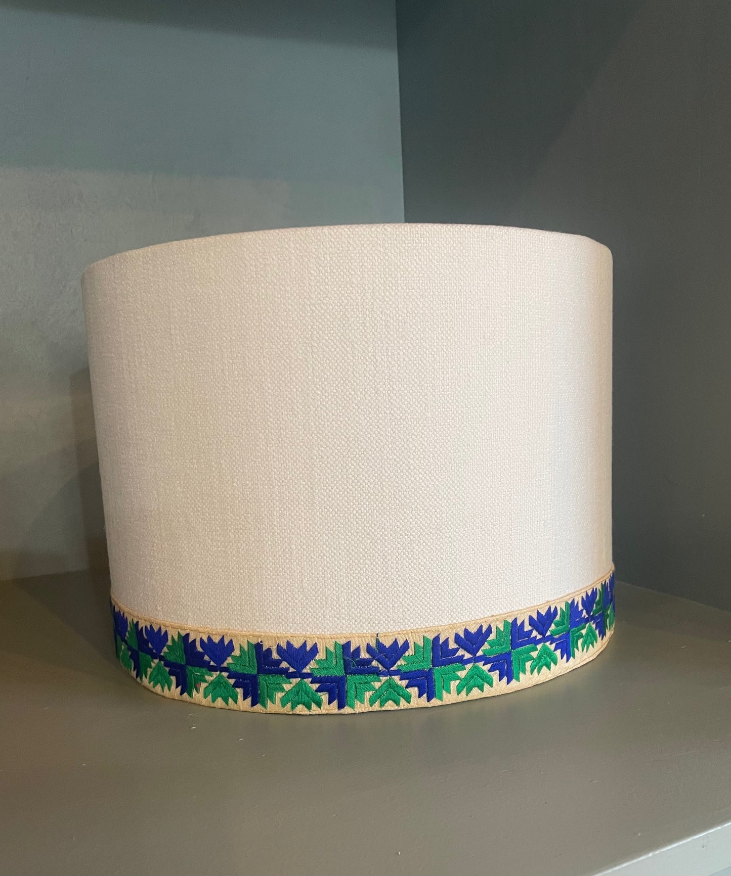 Cream Drum Lampshade with Blue and Green Trim 12"