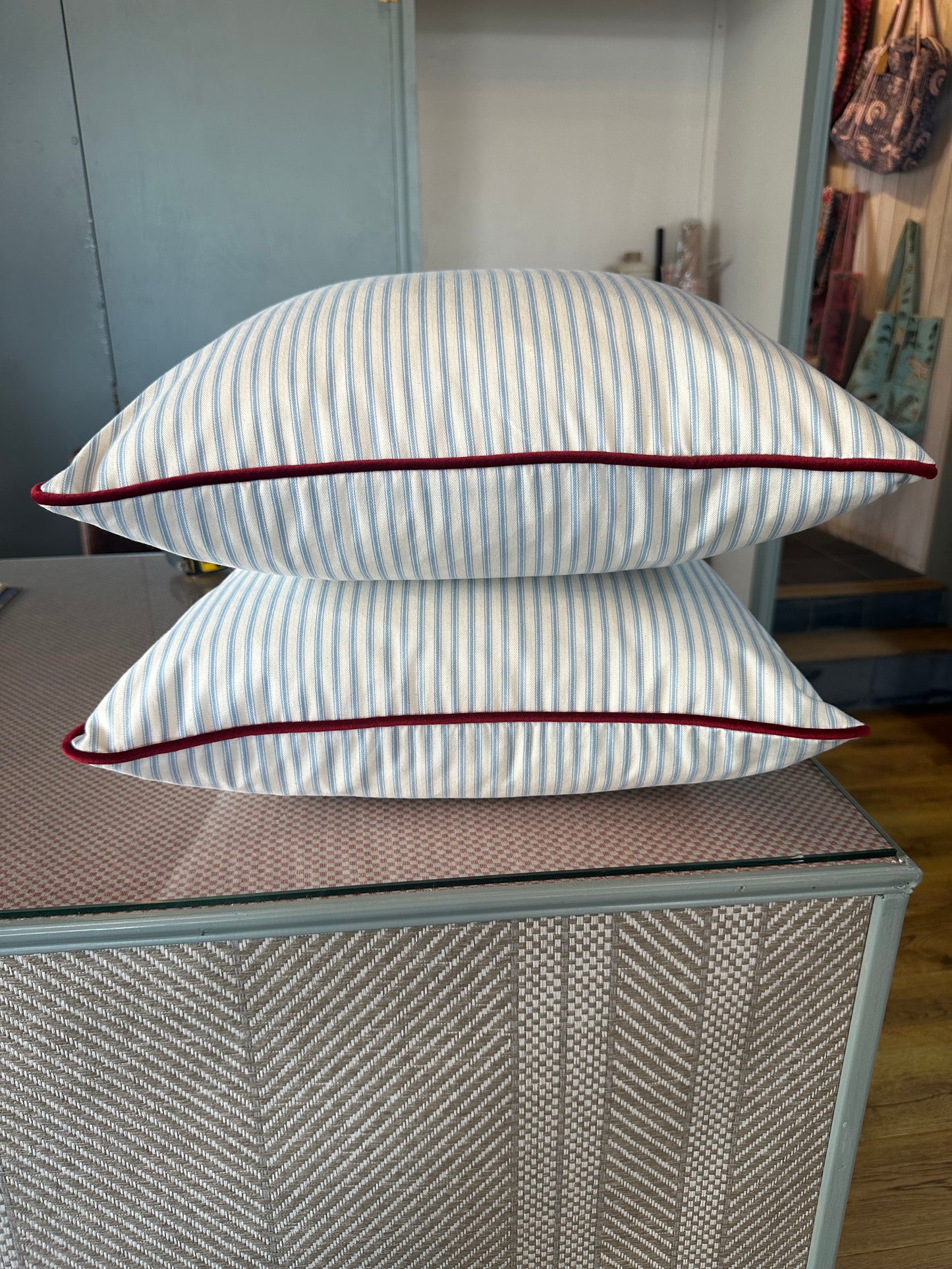 Blue and White Ticking Cushion