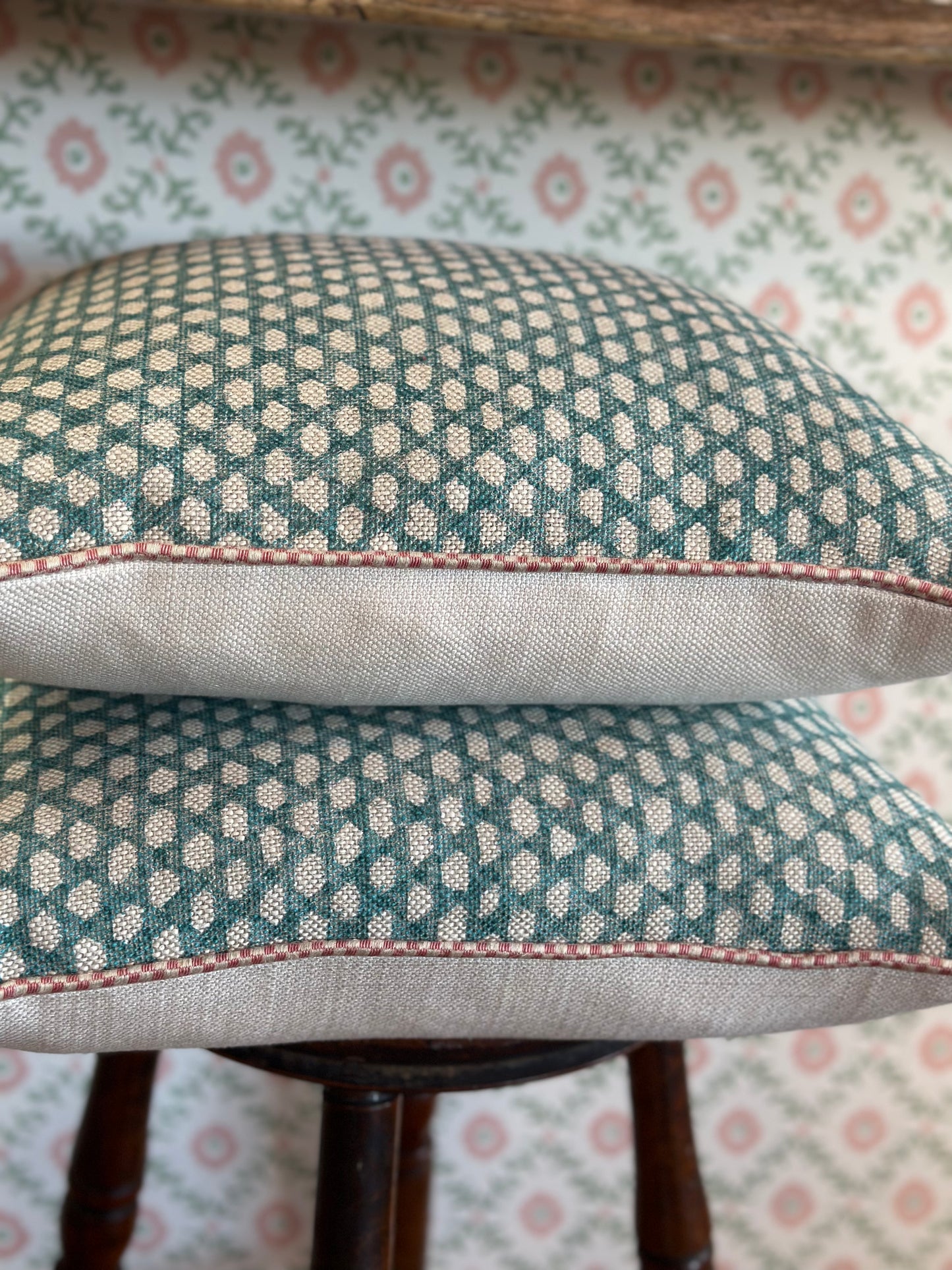 Fermoie Blue and Cream Cushion with Pink Trimming