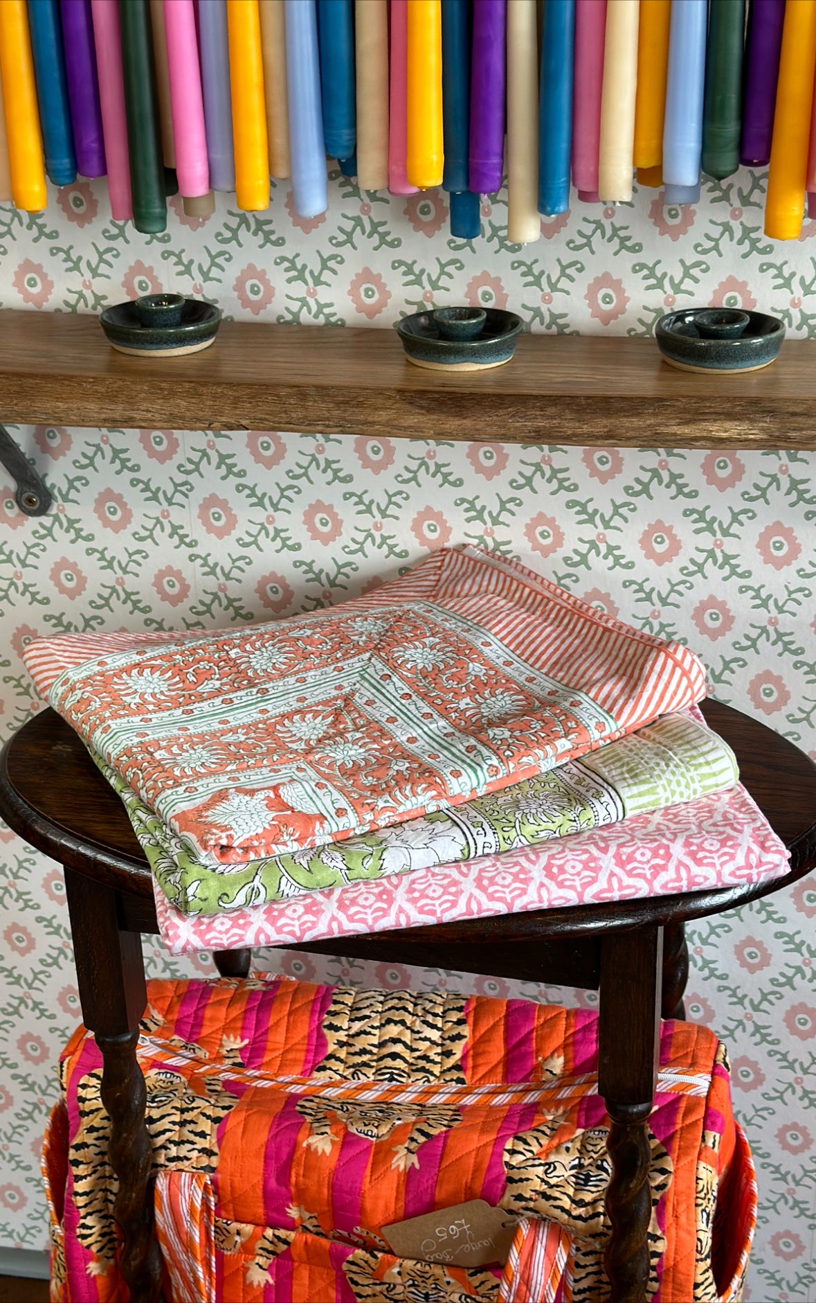 Green and White Block Print Pattern Tablecloth